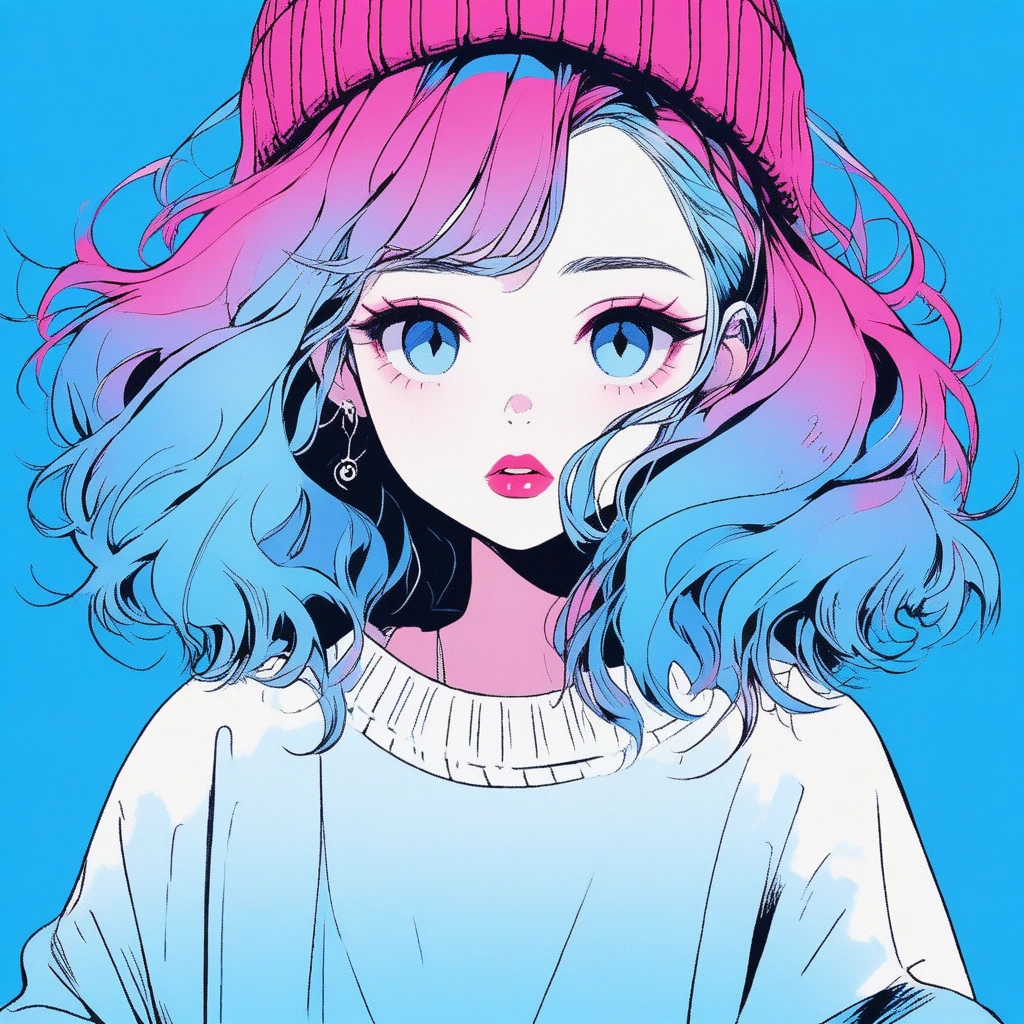 ilustrador, Japanese cartoons , Practical ,sketch , 1 girl, ,Lips, sweater,Order, Blue gradient background, Neon hair,Texture decoration, Canada, (masterpiece,best quality) glycerin