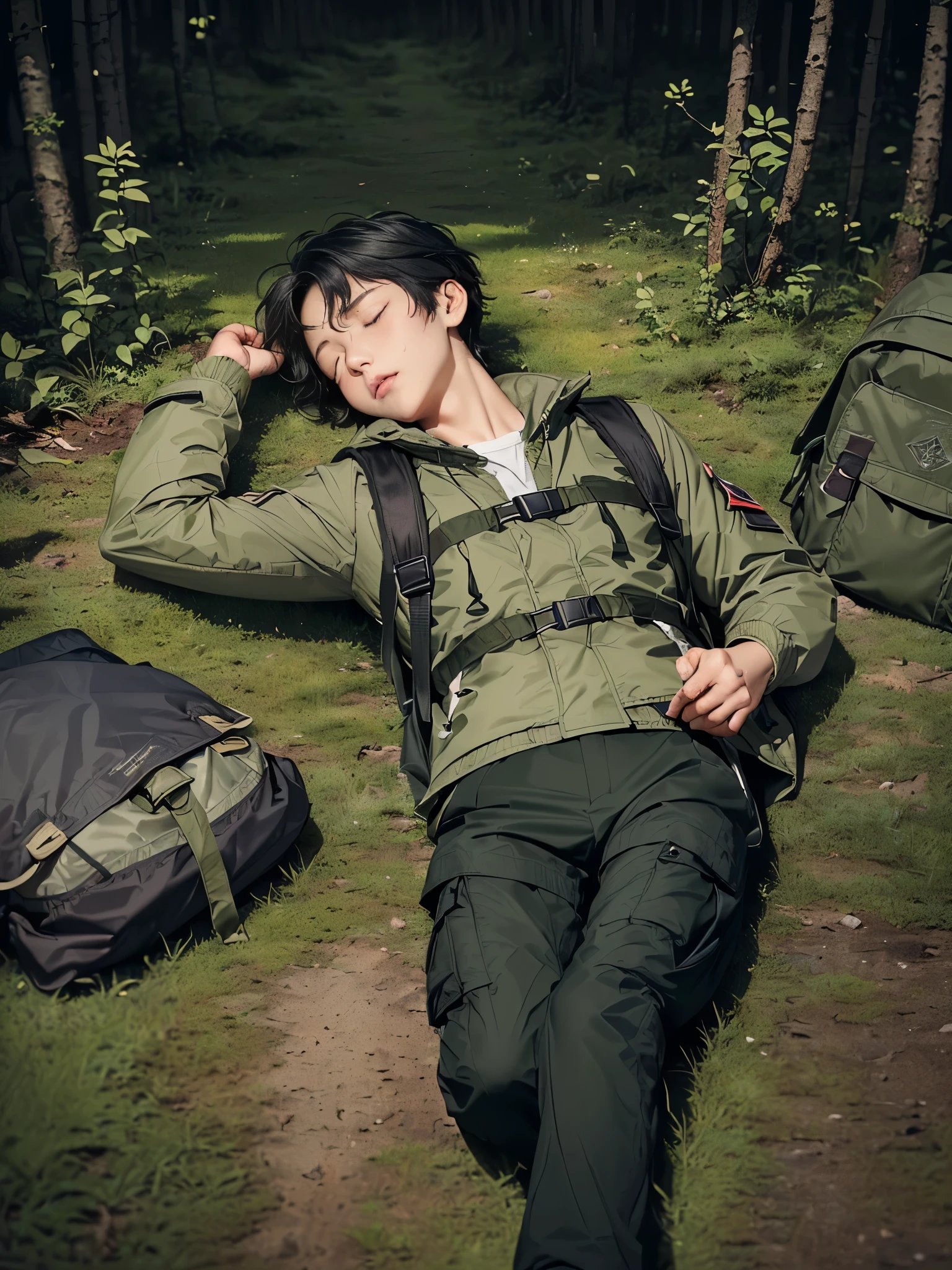 (((Masterpiece))), (high quality), one Japanese boy, 18 years old,(tall and thin,sleepy droopy eyes, long face, (thin cheeks:1.2),(black shaggy short hair,blank expression:1.5),(khaki outdoor jacket,Olive cargo pants,Black trekking shoes,Black Rucksack,Full body portrait:1.5),(The background is a forest at night:1.5),(Lying in the woods at night,Lying directly on the ground,Fainted,lying down and closing your eyes:1.5)