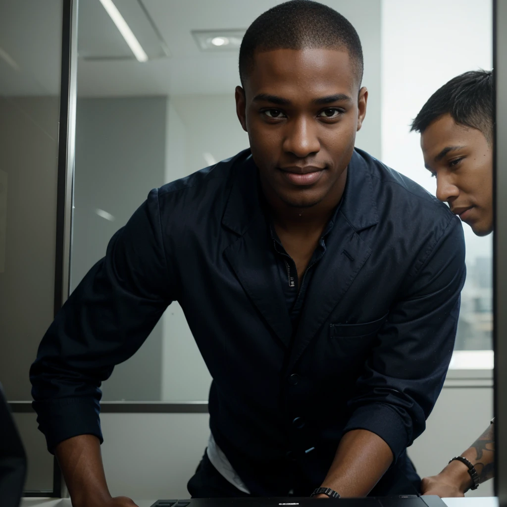 Black boy around 22 years old, good looking and smiling, buzz cut hairstyle, python programmer, inside an office, blue blazer, looking through glass windows, futuristic city, strategist look, laptop, apple laptop, cinematic, ultra realistic, highly detailed (masterpiece)