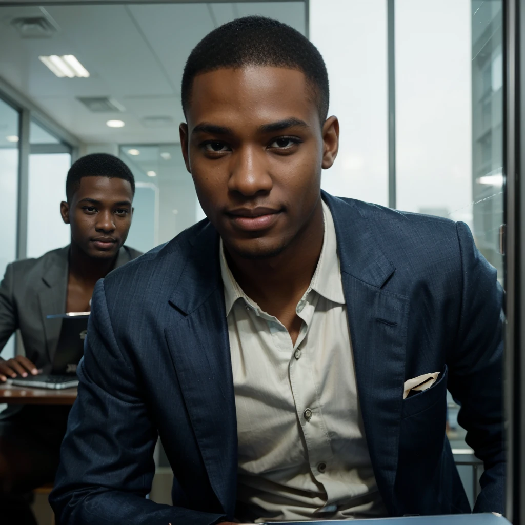 Black boy around 22 years old, good looking and smiling, buzz cut hairstyle, python programmer, inside an office, blue blazer, looking through glass windows, futuristic city, strategist look, laptop, apple laptop, cinematic, ultra realistic, highly detailed (masterpiece)