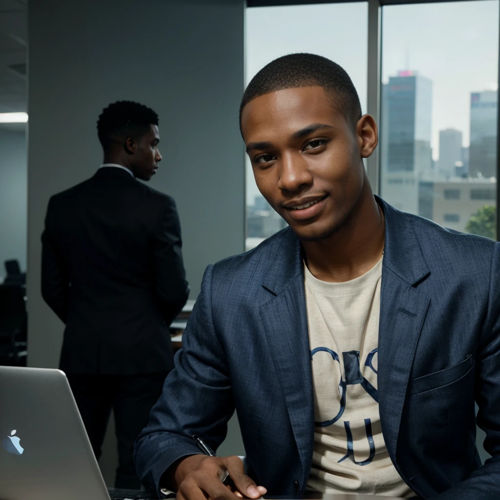 Black boy around 22 years old, good looking and smiling, buzz cut hairstyle, python programmer, inside an office, blue blazer, looking through glass windows, futuristic city, strategist look, laptop, apple laptop, cinematic, ultra realistic, highly detailed (masterpiece)