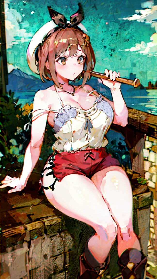(Highest quality, 8k, masterpiece :1.3),Lizaリン・シュタウト(Lizaのアトリエ),Liza, One woman,Large Breasts,short hair,Brown Hair,hair band,Clothing,hat,White shirt,White camisole,Red shorts,Brown long boots,Blowjob,nsfw,Plump body,Thighs