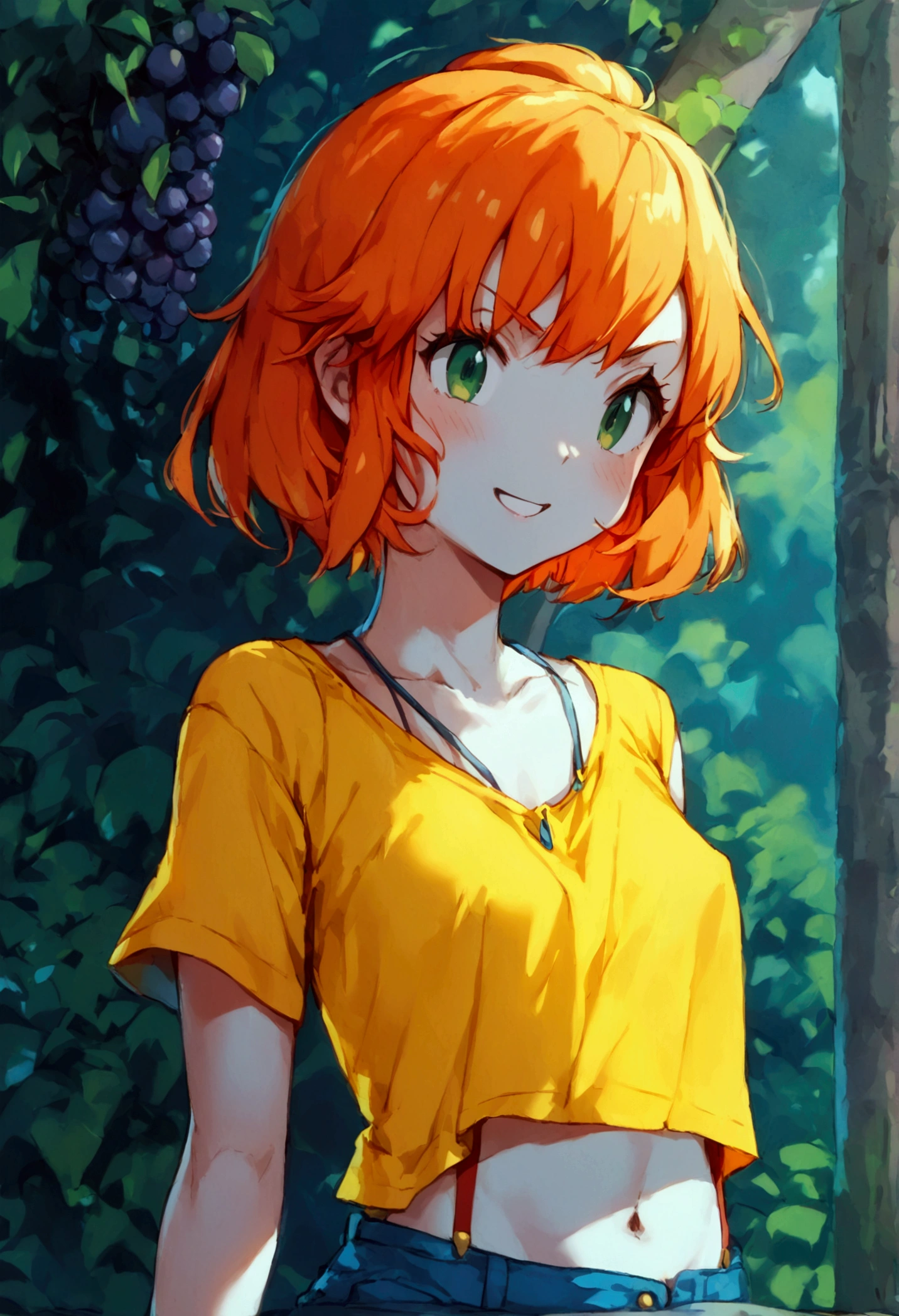 core_9,score_8, score_8_Excellent (Misty_Pokemon)(One 18-year-old woman) (Berry Short,Orange Hair,one side up hair,Big green eyes,Small breasts,Skinny) (Yellow sleeveless T-shirt,Belly button exposed,Denim hot pants,Red suspenders) Grin
