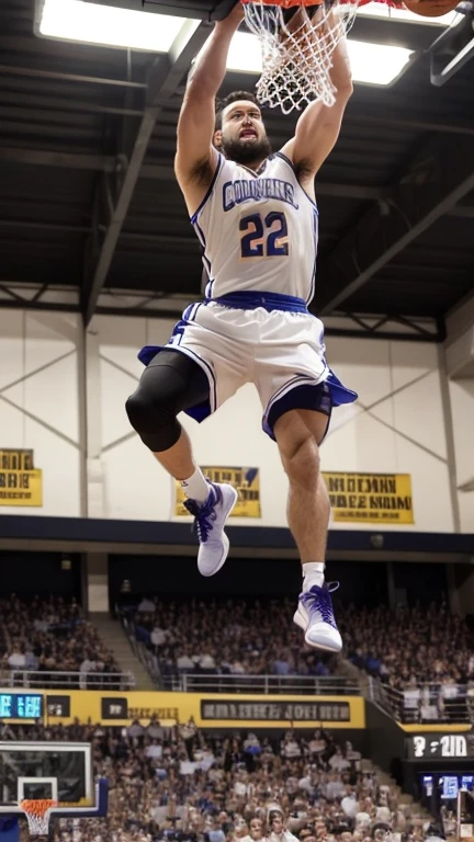 One boy, (Dunk Shot), cowboy shot, basketball, Basketball goal, Sportswear, Indoor professional arena, Vivid lighting, The audience is going wild, The final seconds of the final, The moment you jump high, A powerful figure heading towards the ring,beard, Glasses, obesity