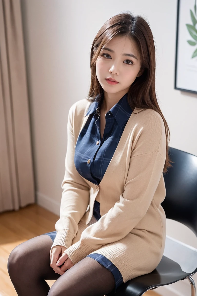 (((8k、High resolution、Highest quality、High resolution)))alone、Natural body shape、White skin、Natural Makeup、((Black Hair、bangs、Straight Long Hair))、((()))、、(Sit cross-legged in a chair:1.4)、(())、(((((Full body photo)))))、(((Looking into the camera、Sharp Eyes)))、(((Wear a uniform on the upper body)))、Bedroom、(((Of high school))) 、((white collared long sleeve blouse))、((Beige cardigan))、((Pleated skirt with dark blue plaid pattern、mini skirt、Ultra-realistic pantyhose))、、、Expressionless、((Exposing thighs))