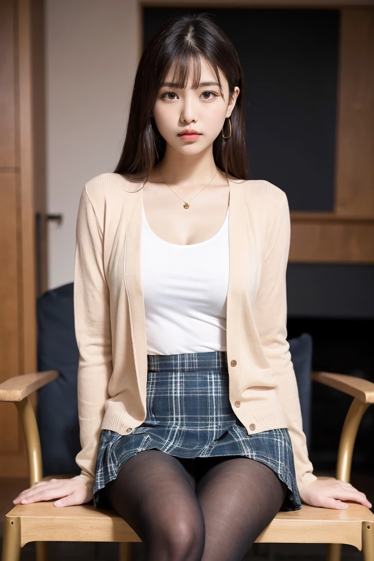 (((8k、High resolution、Highest quality、High resolution)))alone、Natural body shape、White skin、Natural Makeup、((Black Hair、bangs、Straight Long Hair))、((()))、、(Sit cross-legged in a chair:1.4)、(())、(((((Full body photo)))))、(((Looking into the camera、Sharp Eyes)))、(((Wear a uniform on the upper body)))、Bedroom、(((Of high school))) 、((white collared long sleeve blouse))、((Beige cardigan))、((Pleated skirt with dark blue plaid pattern、mini skirt、Ultra-realistic pantyhose))、、、Expressionless、((Exposing thighs))