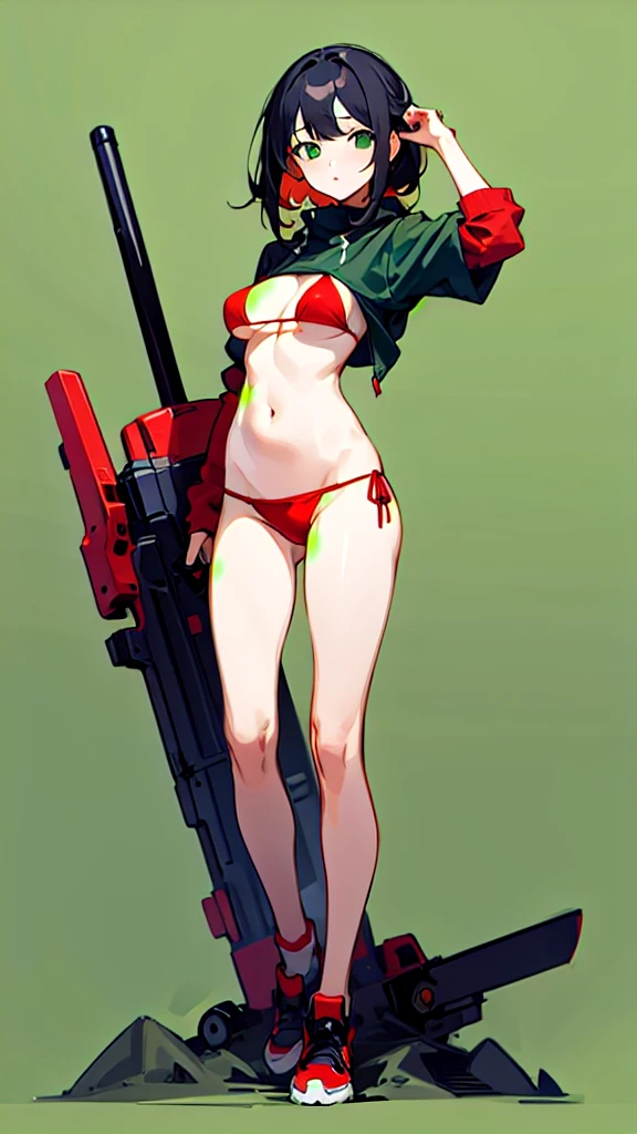 girl, full body, standing, facing the camera directly, looking at the camera, (red bikini), medium hair, black hair, busty, BREAK ((simple green background:1.3))