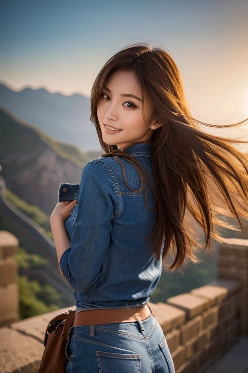 Woman walking along the Great Wall:1.5, Shirt and jeans:1.4, Dynamic, cinematic photos,(Ultra Realistic, High resolution), (Highly detailed eyes, Highly detailed hair, highly Detailed face, Highly detailed plump lips，Perfect Anatomy),(Highest quality:1.4), (Realistic, photo-Realistic:1.37), Professional photography, Cinematic Light, (Detailed face: 1.2), smile, Waist line:1.5, Highly detailed skin,very thin fingers, RAW Photos