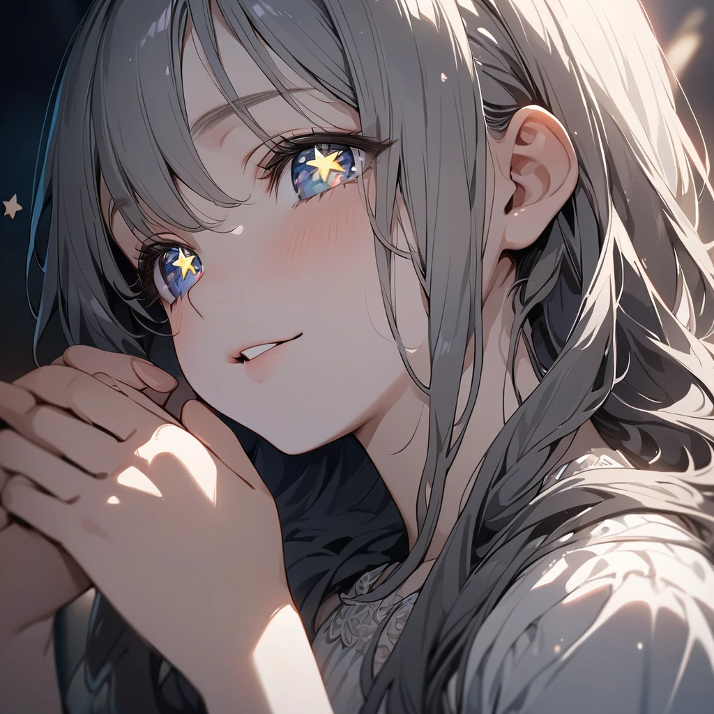 masterpiece, ultra detailed, 8K,  (Cute a girl:1.5), 
(masterpiece:1.3), anime visual,black-colored middle part long hair,dark blue eyes, (tilt head:1.3), extremely delicate face, soft clean focus, realistic lighting and shading, (an extremely delicate and beautiful art:1.3), elegant, (muted colors:1.1),(star-shaped pupils:1.5)The girl places her hands in front of her chest, smiles with her mouth open,