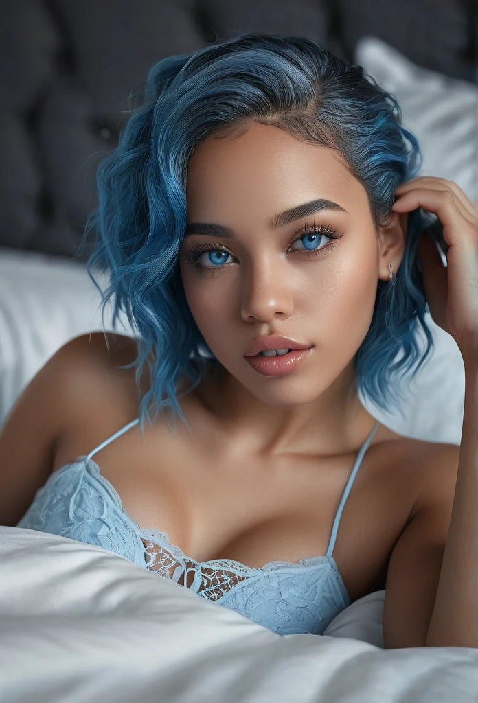 a beautiful biracial woman, extremely detailed full body, blue eyes, blue hair, in a bed, view from the back, heads up, (best quality,4k,8k,highres,masterpiece:1.2),ultra-detailed,(realistic,photorealistic,photo-realistic:1.37),1girl,detailed face,beautiful detailed eyes,beautiful detailed lips,extremely detailed eyes and face,longeyelashes,sensual,elegant,serene,soft lighting,warm color palette,cinematic composition
