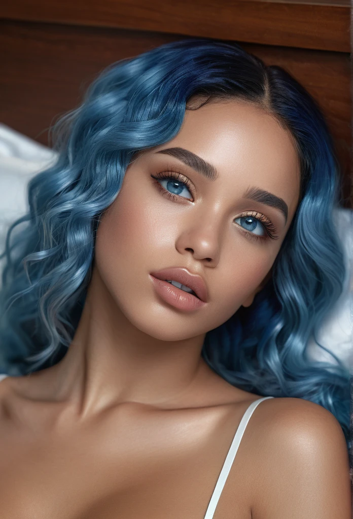 a beautiful biracial woman, extremely detailed full body, blue eyes, blue hair, in a bed, view from the back, heads up, (best quality,4k,8k,highres,masterpiece:1.2),ultra-detailed,(realistic,photorealistic,photo-realistic:1.37),1girl,detailed face,beautiful detailed eyes,beautiful detailed lips,extremely detailed eyes and face,longeyelashes,sensual,elegant,serene,soft lighting,warm color palette,cinematic composition