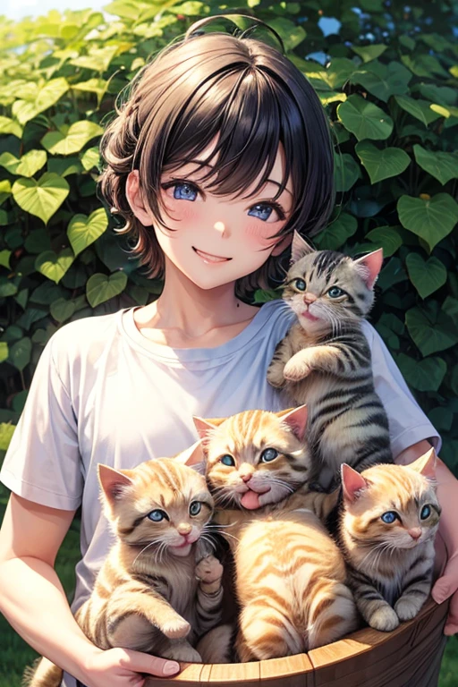 One man and three little kittens,Man surrounded by kittens,smile,Refreshing Men,とびっきりのやさしいsmile,Mouth wide open,猫もsmile