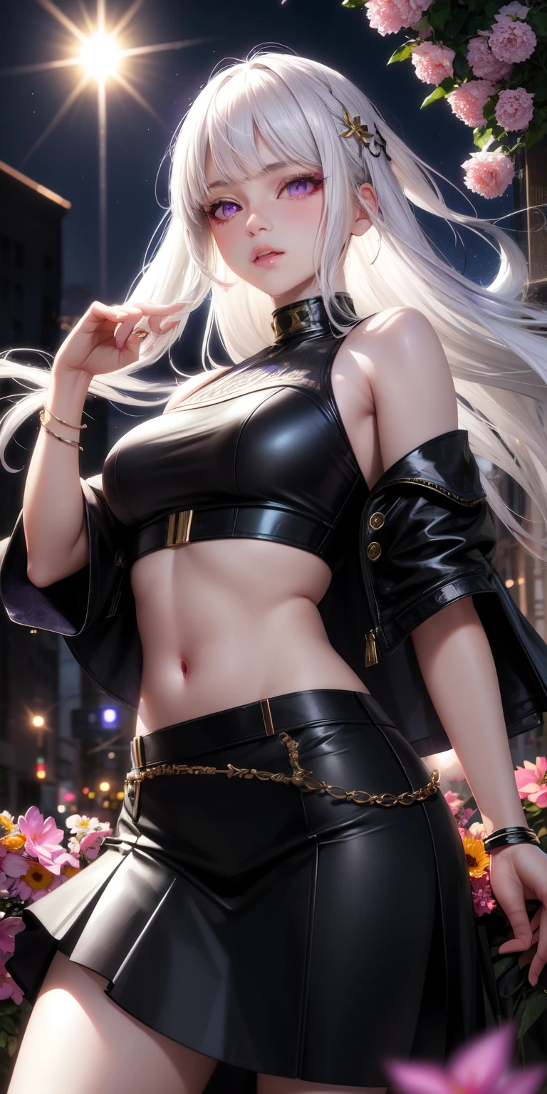 realistic, 1girl, white hair, purple eyes, glowing eyes, crop top, skirt, parted lips, blush, night, flowers, sun, sunlight,