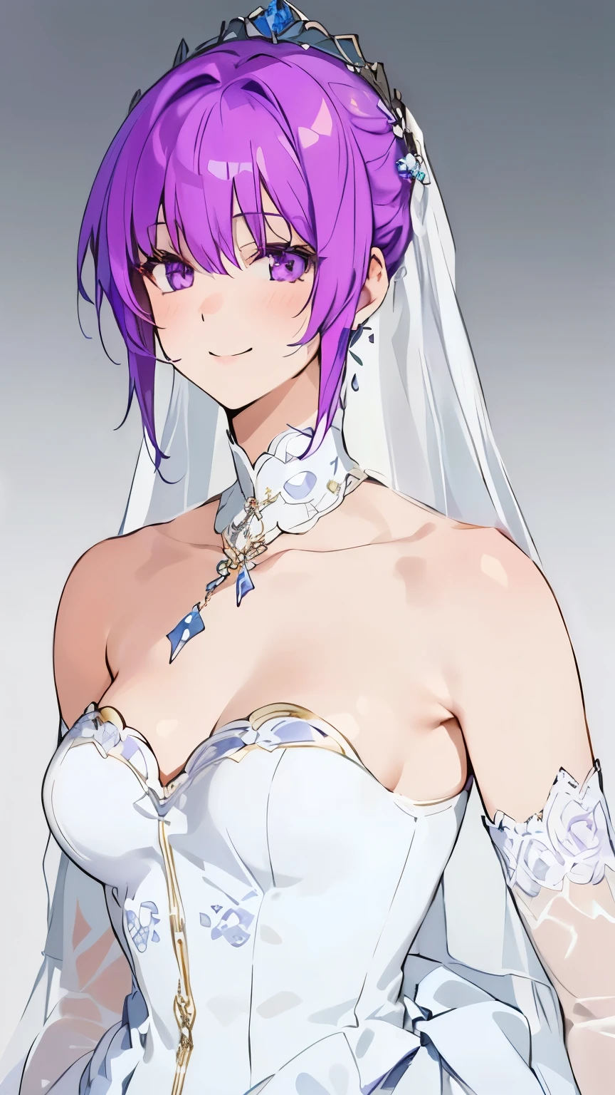 Close-up of a purple-haired woman wearing a veil, Female Characters, Shirahime cut hairstyle, Purple eyes and white dress, Wedding dress, smile,