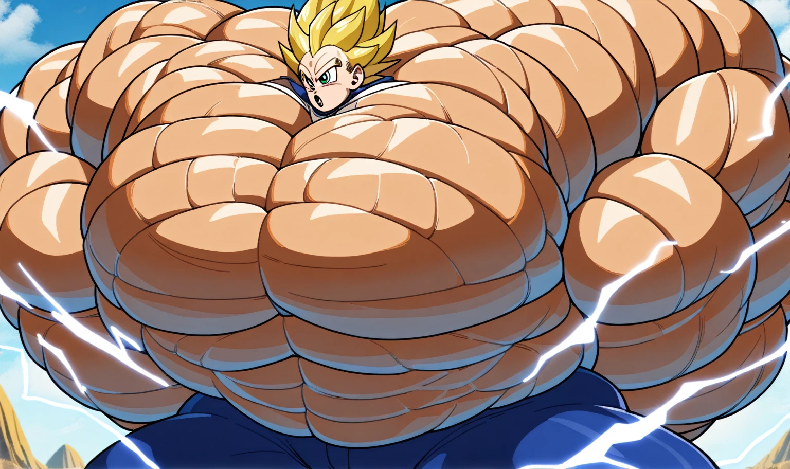 1boy, Vegeta, from Dragon Ball Z, masterpiece, best quality, very aesthetic, absurdres, saiyan, green eyes, spiked hair, (yellow hair:2), shirtless, blue skintight pants, white gloves, (huge muscles:3.65), dragonballartstyle, in the style of Akira Toriyama, outdoors, flat-top mountains, abs, yellow aura, electricity, (bulging pectorals:3)