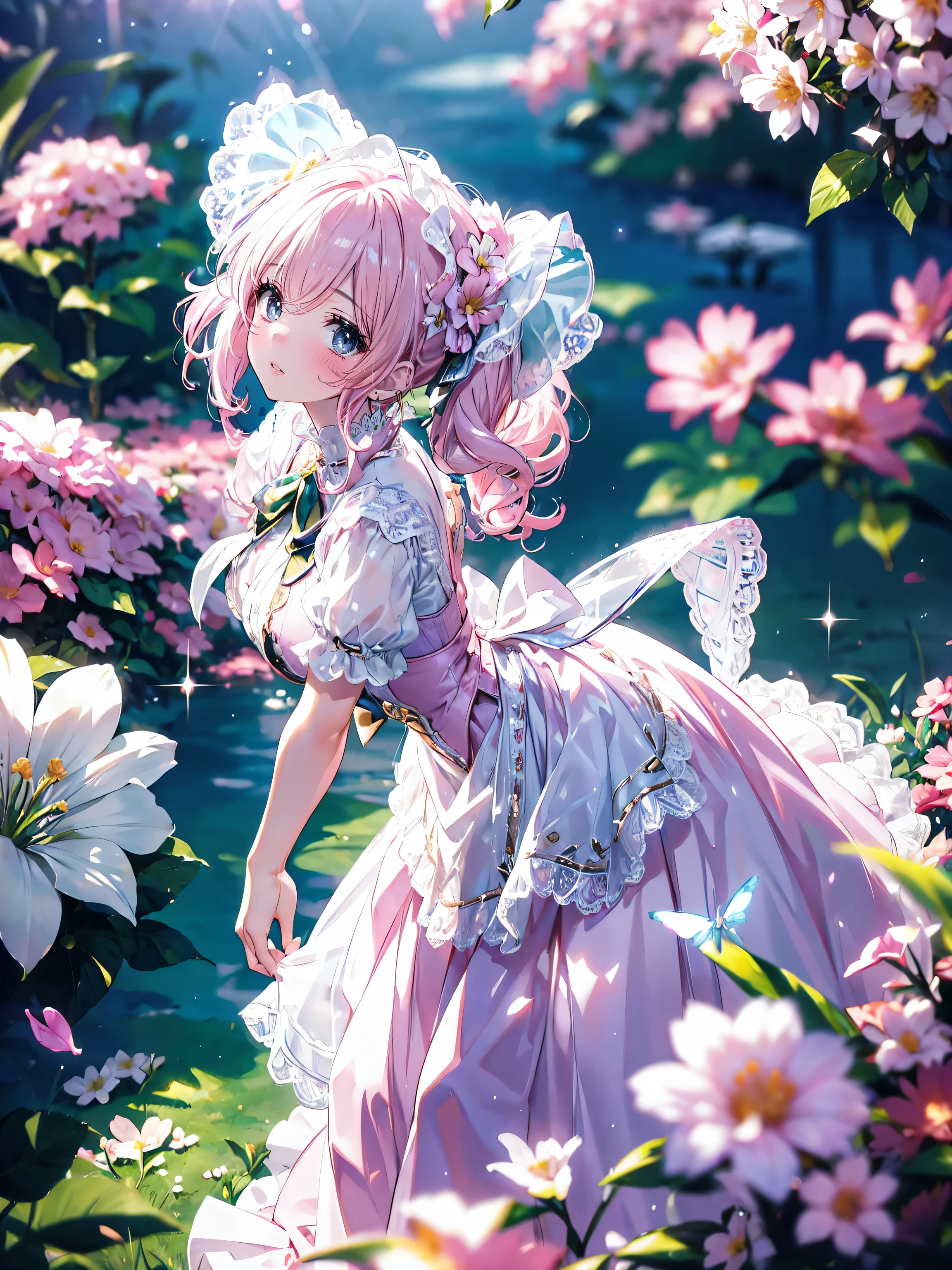 ((ultra detailed, exquisite quality, cinematic lighting)), (anime moe art style:1.2), (((young face solo princess))), (incredibly cute rococo victorian gown with long hems, voluminous princess style skirt, elaborate lace gown:1.5), (huge breasts), breasts cleavage, breasts focus, ((hair pink hair)), ((fluffy long Expressive ponytail)), (leaning forward, looking up, from above, front view, facing at viewer:2), kawaii face, head tilt, shy smile, (face focus, eyes focus, blurry background, depth of field:2), (isometric 3D, octane render, ray tracing:1.5), cinematic shadows, backlighting, particle effect, caustics, super detailed skin, (hyper detail delicate eyes, hyper beautiful eyes), (lot's of colorful flowers, sparkling glass classic greenhouse:1.5), (eyes blue eyes), (Cut off light pink-hair),