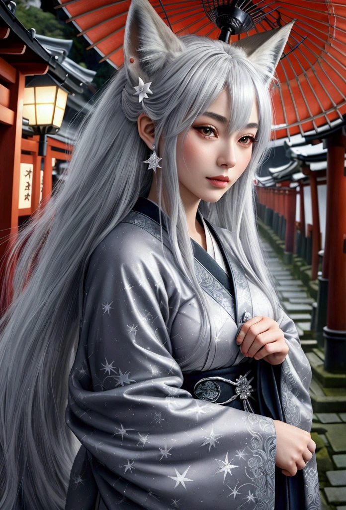 front Pretty face、Beautiful ice star piece best quality Midnight Fox-eared beauty Silver Hair generally 20-year-old foxes get married Fushimi Inari Taisha Shrine wonderful mystery Wonderland Rainy day in Gion, Kyoto 9:16