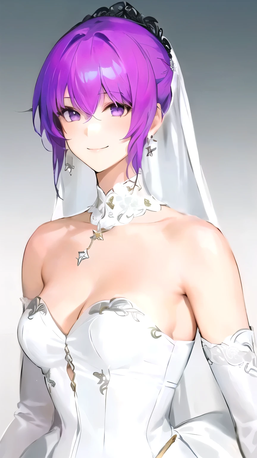 Close-up of a purple-haired woman wearing a veil, Female Characters, Shirahime cut hairstyle, Purple eyes and white dress, Wedding dress, smile,