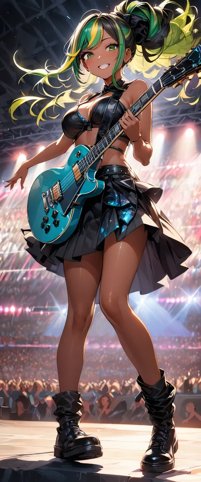 (highest quality:1.2, Very detailed, up to date, Vibrant, Ultra-high resolution, High Contrast, masterpiece:1.2, highest quality, Best aesthetics), Portraiture、girl、singer、stage、performance、Rock Music、Bright colors、Beautiful fine details、Beautiful lip detail、long hair、ponytail, white and yellow green ((streaked hair:1.6)), highlights hair: 1.5, middium breast, (tan skin:1.1), Music band、Cheerful pose、Concert Light、Edgy Style、black Skirt-style-bikini、loose fit, Dynamic Movement、hypnotic sounds、Stadium、amplifier、Loud music、Electric guiter、Gibson Les-Paul, mike stand, Powerful vocals、Passionate performance、Sparkling stage、Concert atmosphere、Music Festival、Full of emotion、Rock star attitude、Resolute expression、Avid Fan、The presence of an attractive stage、 Expressive gestures、Rock star aura、An exciting atmosphere、Sing with all your heart、An unforgettable show, (full body:1.1)