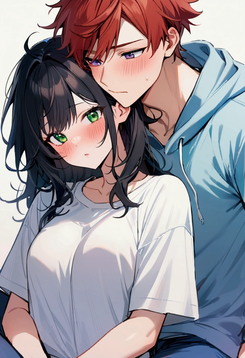 1 male, Redhead , Messy Hair, hoodie , Blue Jeans , White t-shirt underneath, in love expression , best generation , masterpiece quality , Young Man , Blue Casual Wear , Green Eyes, in love , blush , A girl with long black hair and purple eyes is kissing him on the cheek