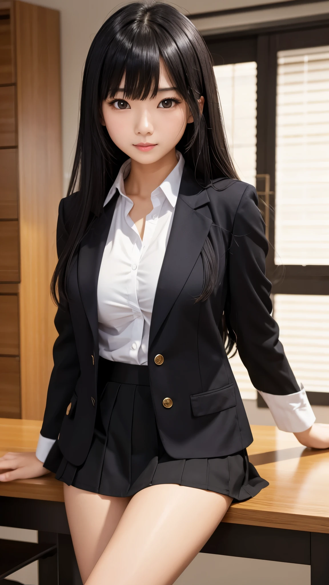 Tabletop、highlight、Asian woman、Black Hair、Heavy bangs、breast enhancement、high school girl、blazer、skirt、Gazing Eyes、Support your chest with your arms、