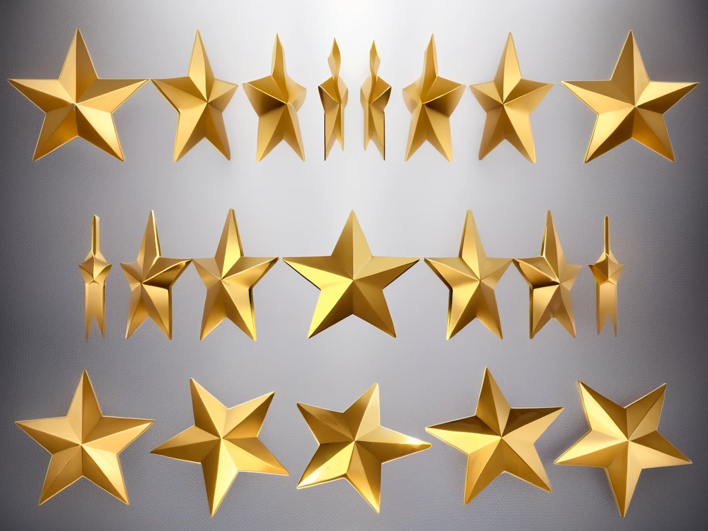 An animated series of 3D rotating chisel-hard beveled and embossed metal gold stars.