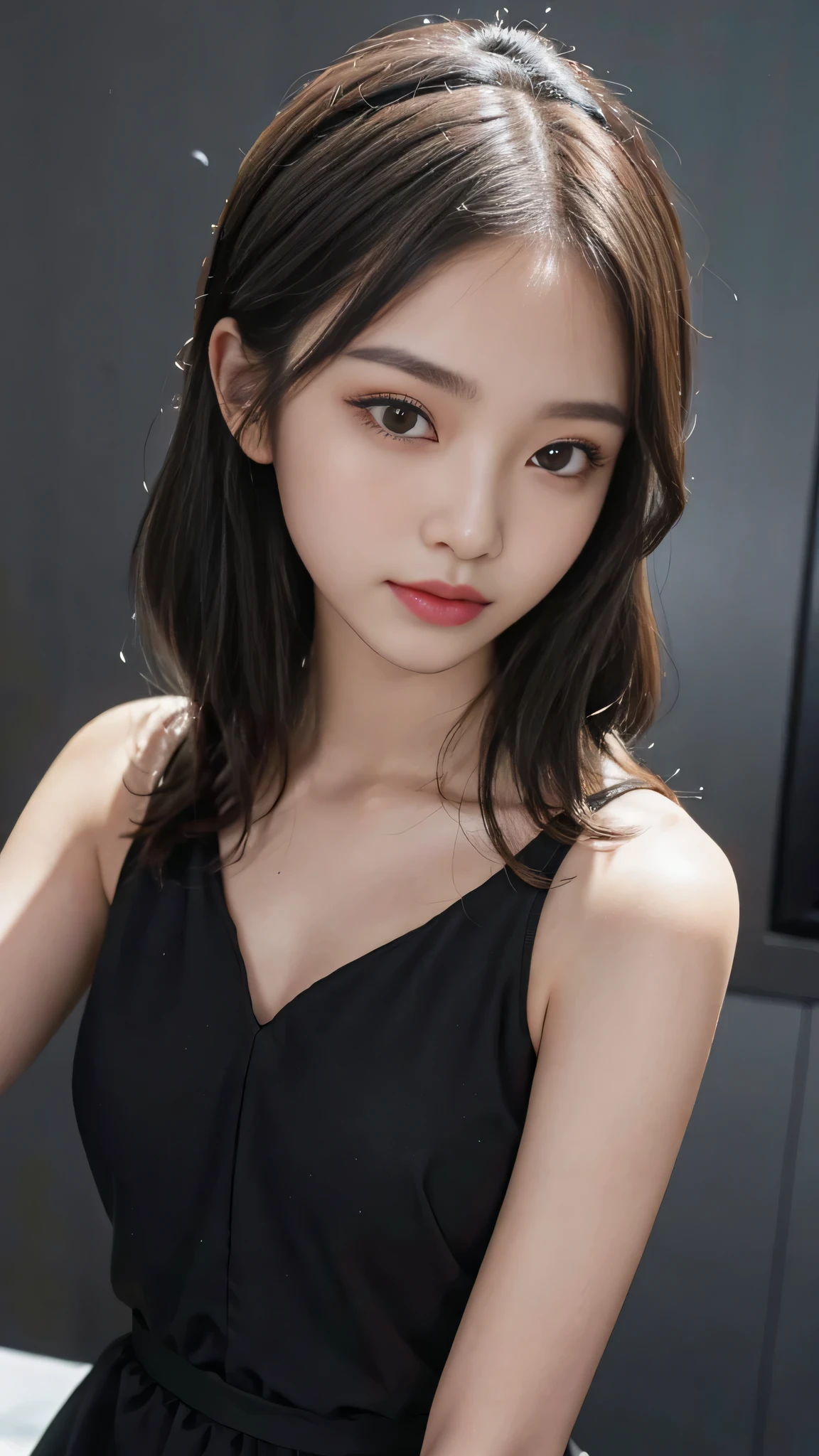 Lipstick in hand,Cosmetics commercial style,Commercial filming studio,close up face,Black Dresses,The highest image quality, High quality, the background is clear,Beautiful woman, Japanese,Ultra-detailed, finely detail, hight resolution, 8k Wallpaper, Perfect dynamic composition, Beautiful detailed eyes , Detailed, Detailed eyes, Detailed skin, Beautiful skin, 超hight resolution, (reality: 1.4),Very beautiful woman, Slightly younger face, Beautiful skin, slender, (Ultra photo realsisim), (hight resolution), (8k), (Very detailed) (beautifully detailed eyes), (super detailed), (Detailed face), view the viewer, Fine details, Detailed face, Staring straight ahead, Staring straight ahead, photos realistic, Bright lighting, Professional Lighting, Black hair,poneyTail,a baby face,sixteen years old,Hairstyle: ponytail,Long ponytail hairstyle,slight smile,Beautiful Japanese KPOP idol photo, hair style is ponytail, my eyes are double and wide, baby face, smile and look straight ahead, slender, small breasts,Close up face,