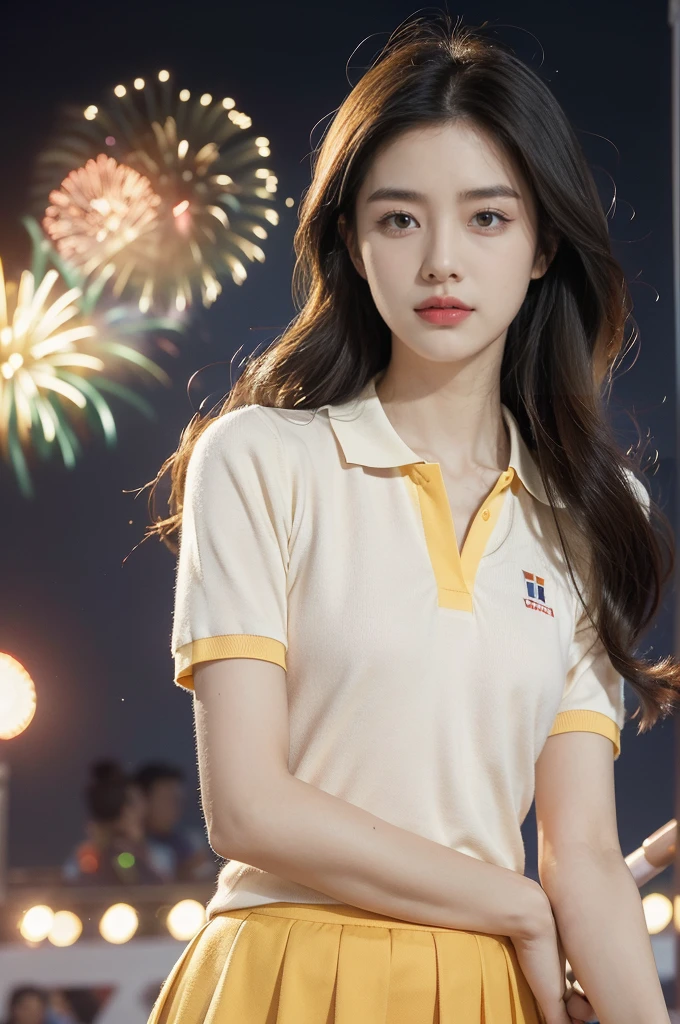 (((best quality))),(((ultra detailed))),(((masterpiece))),illustration, ((Olympic Opening Ceremony,in Paris,summer night,magnificent National stadium of France,Olympic torch lighting, fireworks)),(crowded crowds of enthusiastic spectators:1.3),((a beautiful Chinese girl,solo)),((shoulder length straight hair:1.2)),((slim,thin)),((small breasts,flat chest)),(red short-sleeved collared polo shirt:1.3),(yellow skirt), excited expression, awe, celebrating, electric atmosphere, sense of pride, excitement, playing field, crowd energy, unity, camaraderie, representing China, historic event, memorable moment,((from front,upper body))