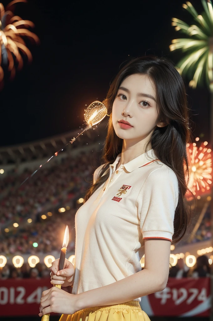 (((best quality))),(((ultra detailed))),(((masterpiece))),illustration, ((Olympic Opening Ceremony,in Paris,summer night,magnificent National stadium of France,Olympic torch lighting, fireworks)),(crowded crowds of enthusiastic spectators:1.3),((a beautiful Chinese girl,solo)),((shoulder length straight hair:1.2)),((slim,thin)),((small breasts,flat chest)),(red short-sleeved collared polo shirt:1.3),(yellow skirt), excited expression, awe, celebrating, electric atmosphere, sense of pride, excitement, playing field, crowd energy, unity, camaraderie, representing China, historic event, memorable moment,((from front,upper body))