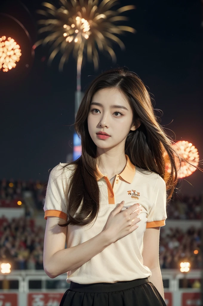 (((best quality))),(((ultra detailed))),(((masterpiece))),illustration, ((Olympic Opening Ceremony,in Paris,summer night,magnificent National stadium of France,Olympic torch lighting, fireworks)),(crowded crowds of enthusiastic spectators:1.3),((a beautiful Chinese girl,solo)),((shoulder length straight hair:1.2)),((slim,thin)),((small breasts,flat chest)),(red short-sleeved collared polo shirt:1.3),(yellow skirt), excited expression, awe, celebrating, electric atmosphere, sense of pride, excitement, playing field, crowd energy, unity, camaraderie, representing China, historic event, memorable moment,((from front,upper body))