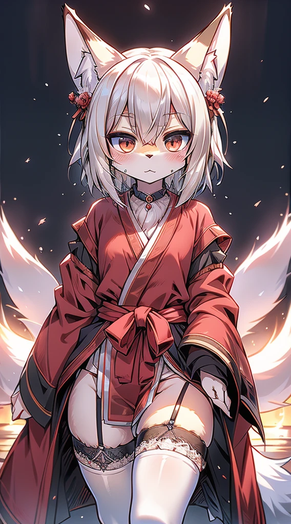 High and cold，Three No，No Expression，cold，cold，Loli，Loli，little girl，White hair，No Expression，indifferent女孩，indifferent狐狸女孩，indifferent，White hair，Fox ears，White hair all over the body，Anthropomorphic fox girl，White fox girl，白色丝绸Knee socks，Knee socks，Garter stockings，Short robe，Back of robe，Back of robe，Mage Robe，Lace decoration，Lace decoration的袍子和Knee socks，蕾丝Knee socks，白丝Knee socks，Close-up above the waist，Close-up above the waist，No Expression，furry，furry，fuzzy，fuzzy，furry