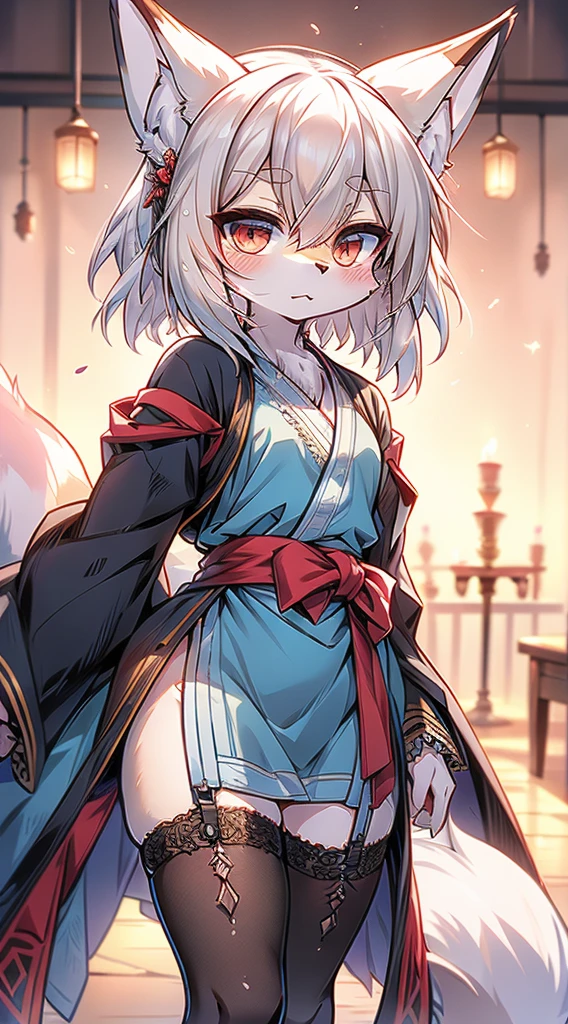 High and cold，Three No，No Expression，cold，cold，****，****，***********，White hair，No Expression，indifferent女孩，indifferent狐狸女孩，indifferent，White hair，Fox ears，White hair all over the body，Anthropomorphic fox girl，White fox girl，白色丝绸Knee socks，Knee socks，Garter stockings，Short robe，Back of robe，Back of robe，Mage Robe，Lace decoration，Lace decoration的袍子和Knee socks，蕾丝Knee socks，白丝Knee socks，Close-up above the waist，Close-up above the waist，No Expression，furry，furry，fuzzy，fuzzy，furry