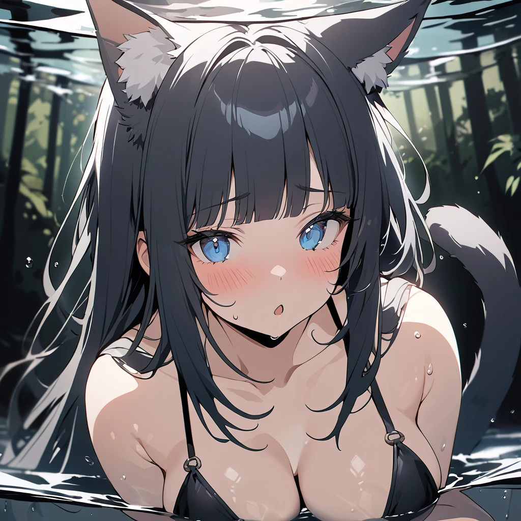 girl soaked in hot-spa (half underwater Surface:1.2), absurdly long black hair blunt bangs, blue eyes, cat ears, cat tail, chestnut mouth, large breast, black bikini, forest background, sweat, close-up face, blush,masterpiece, best quality, ultra-detailed hyper-realistic, muted light color, vintage retro bleed watercolor gradiation portrait, perfect composition, intricate details, soft focus, light diffusion, high resolution, girl soaked in hot-spa (half underwater Surface:1.2), absurdly long black hair blunt bangs, blue eyes, cat ears, cat tail, chestnut mouth, large breast, black bikini, forest background, sweat, close-up face, blush, masterpiece, best quality, vivid light color, Vector Art, 2D flat, simple shapes, professional graphic, flat color, Sleek design