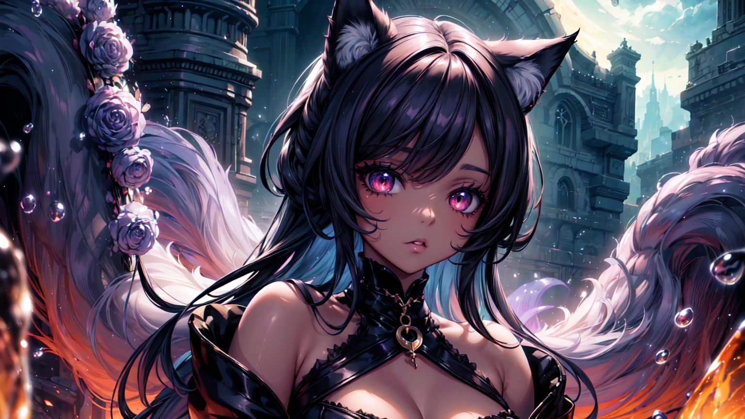 a dark-skinned catgirl, detailed facial features, piercing eyes, long eyelashes, cat ears, fluffy tail, intricate costume, fantasy, digital painting, cinematic lighting, highly detailed, masterpiece, photorealistic, 8K, HDR, vibrant colors, dramatic chiaroscuro