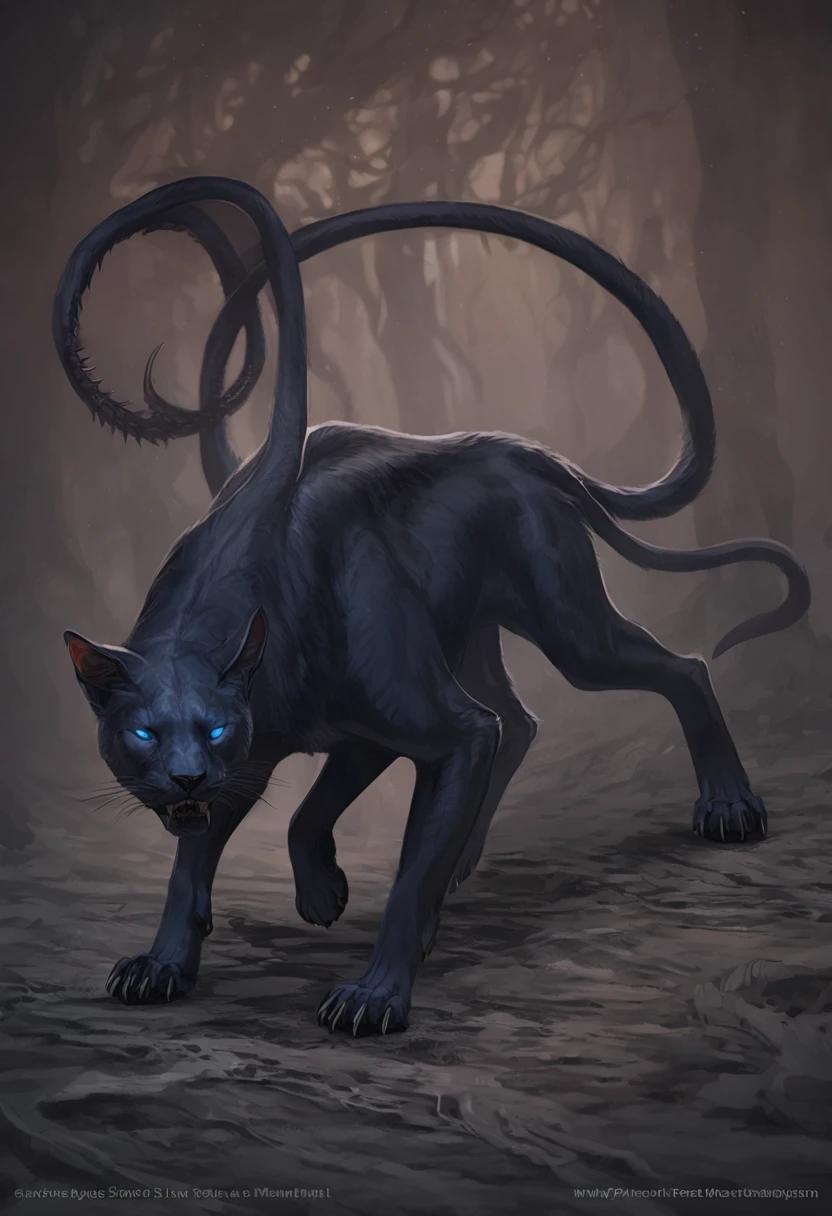 DISPLACER BEAST, feral, solo, FELINE BODY, HORROR, ((six legs, six paws)), detailed feline face, one more paw,  DISPLACER beast looks like a large cat, covered with smooth blue-black fur. Its alien origins are obvious from the six legs and two tentacles that grow from its shoulders, ending in pads with sharp spines. The beast's eyes glow with a terrifying malice that persists even after its death.