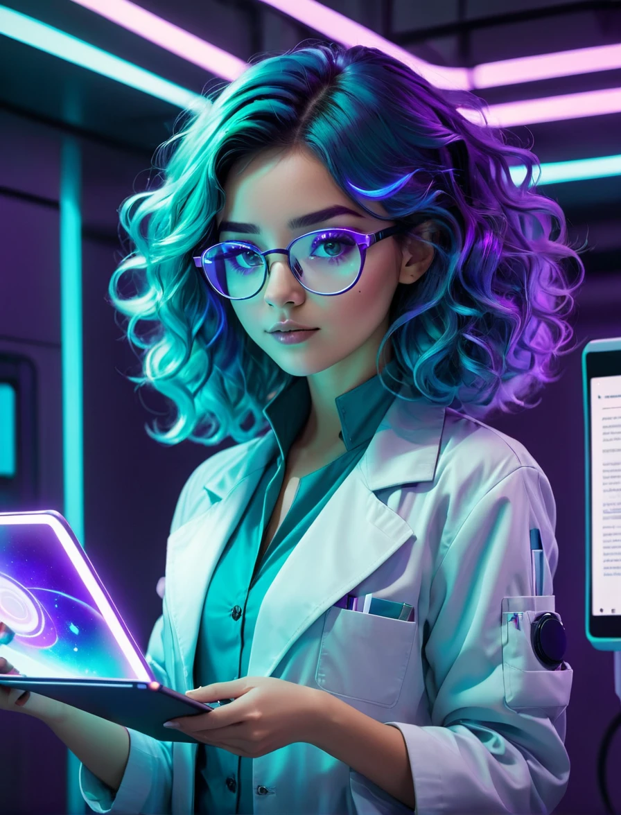 A young woman with wavy, teal-colored hair and round glasses, displaying a confident and focused demeanor. She is dressed in a futuristic lab coat over a light blue outfit, with glowing neon accents. She holds a tablet and a glowing clipboard, suggesting a high-tech environment. The background is a deep purple, complementing her vibrant appearance.