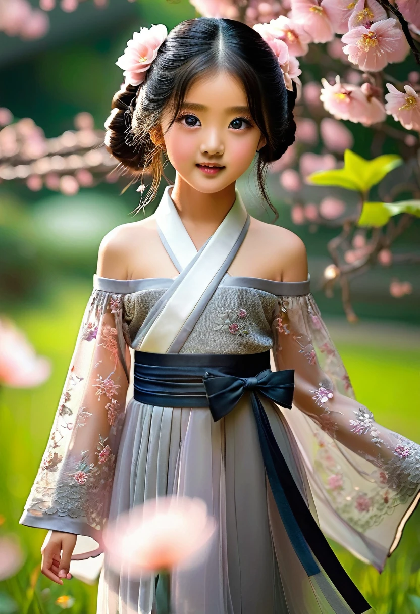 (: 1.5), lace, ribbon, Hanfu, (masterpiece, side light, delicate and beautiful gray eyes: 1.2), masterpiece, realistic, glowing eyes, shiny hair, dark hair, long hair, shiny skin, solo, awkward, strapless, delicate, beautiful, garden, flowers, fluttering petals,