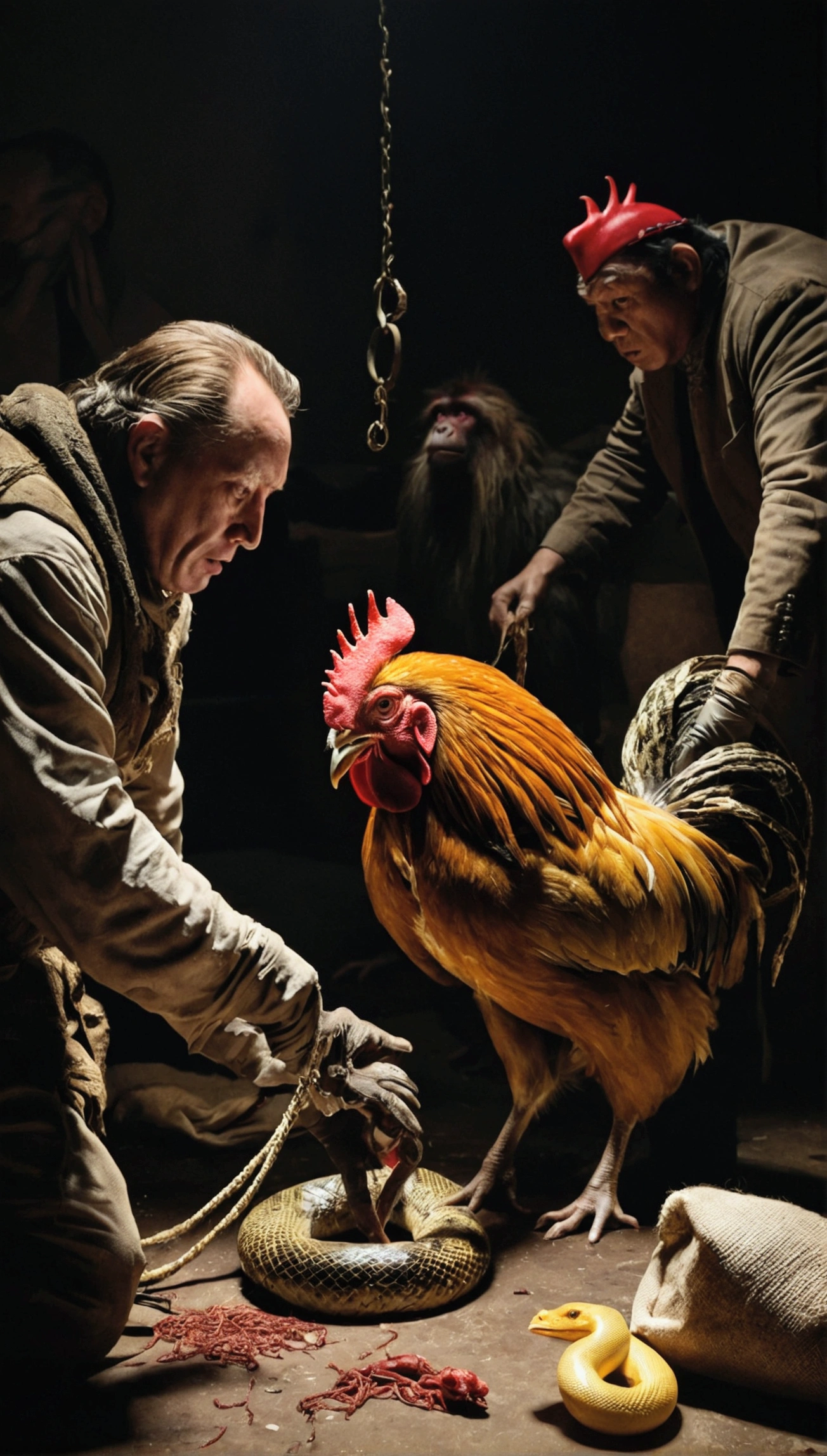 Image is a tense scene where the condemned is being sewn into the sack with a rooster, a dog, a monkey, and a snake. The sack is partially open, showing the chaotic mix of animals inside. The setting is a dimly lit room. The lighting is dark, emphasizing the dread of the situation.

