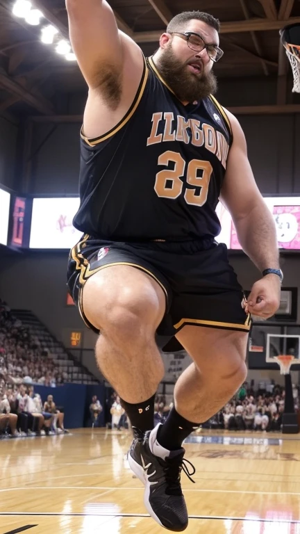 One boy, (Dunk Shot), cowboy shot, basketball, Basketball goal, Sportswear, Indoor professional arena, Vivid lighting, The audience is going wild, The final seconds of the final, The moment you jump high, A powerful figure heading towards the ring,beard, Glasses, obesity