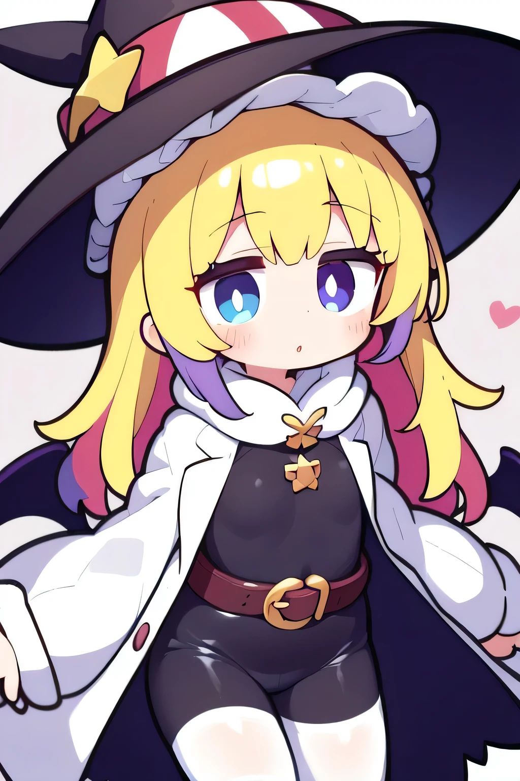 little_girl, ,mahomaho, diabellze, blue eyes, blonde hair, purple hair, multicolored hair, witch hat, white coat, white bodysuit, multiple belts