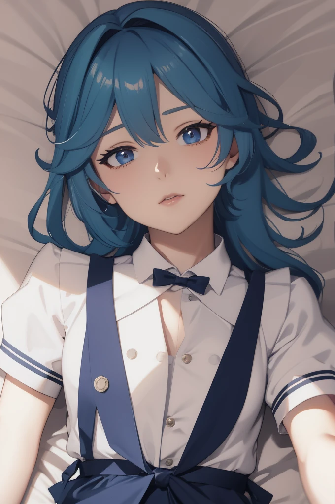 lie in bed，maid uniform，blue hair，face me