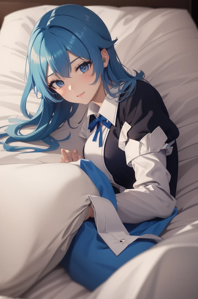 lie in bed,maid uniform,blue hair,face me