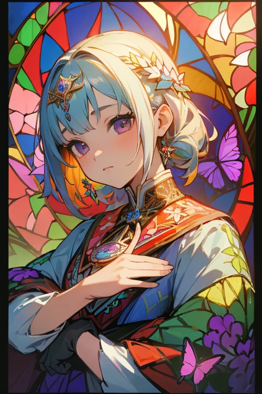 (masterpiece, Highest quality, Highest quality, Official Art, beautifully、beautiful:1.2), (One Girl), Very detailed,(Fractal Art:1.3),colorful,Most detailed,Upper Body, [Race],[jewelry],[flower],[[butterfly]],(flower)、(Stained glass)、