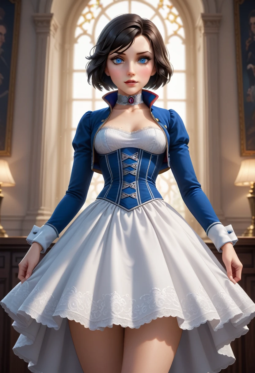 1girl, Elizabeth, bioshock infinite, black hair, short hair, blue eyes, royal blue bolero jacket with white cuffs and a built-up collar hemmed with a delicate white lace and a matching full-length voluminous dress. A white petticoat's lace trim is visible at the bottom of the skirt. Underneath the open jacket is an intricately laced white corset, with black bone casing, giving her an hourglass-shaped waist. intricate detail, very detailed, masterpiece quality, ultra HD, 4K, best quality,