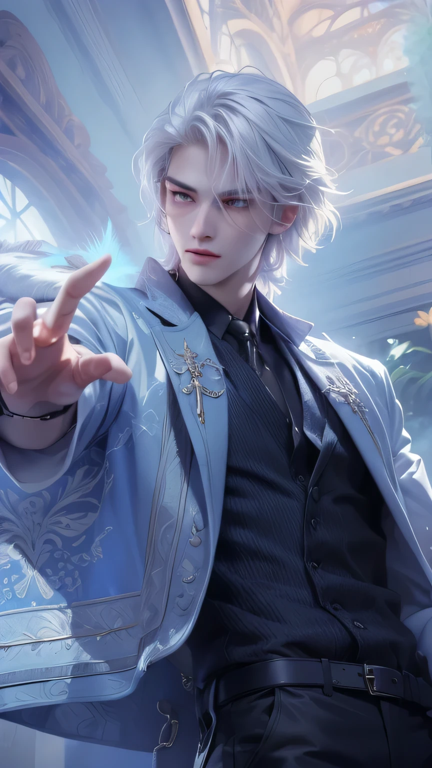 ((Best quality)), ((masterpiece)), (detailed), ((perfect face)), ((halfbody)) perfect proportions ,He is a handsome student, 18 years old, short hair, there is a background of a detailed scenery with gnostic vibe ((perfect face)) detailed character, white hair