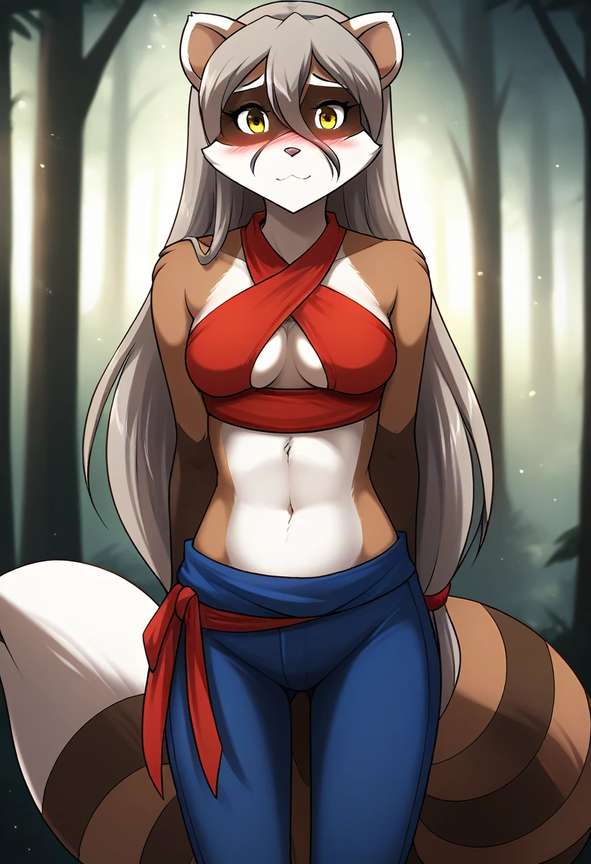 score_9, score_8_up, score_7_up, score_6_up, score_5_up, score_4_up, rating_explicit, source_furry, female, cute anthro female, cute face, detailed background, looking at viewer, solo, solo focus, (digital pen line-art, soft lines, soft shading, pinup, cartoon, anime:1.2), tkraine, (raccoon:1.3), yellow eyes, (long hair:1.2), (white fur, bushy tail:1.2), anthro, (ninja:1.3), forest, ninja scroll, blush, shy, midriff, medium breasts, looking at viewer, bare shoulders, criss cross halter, cleavage, (exposed hips)