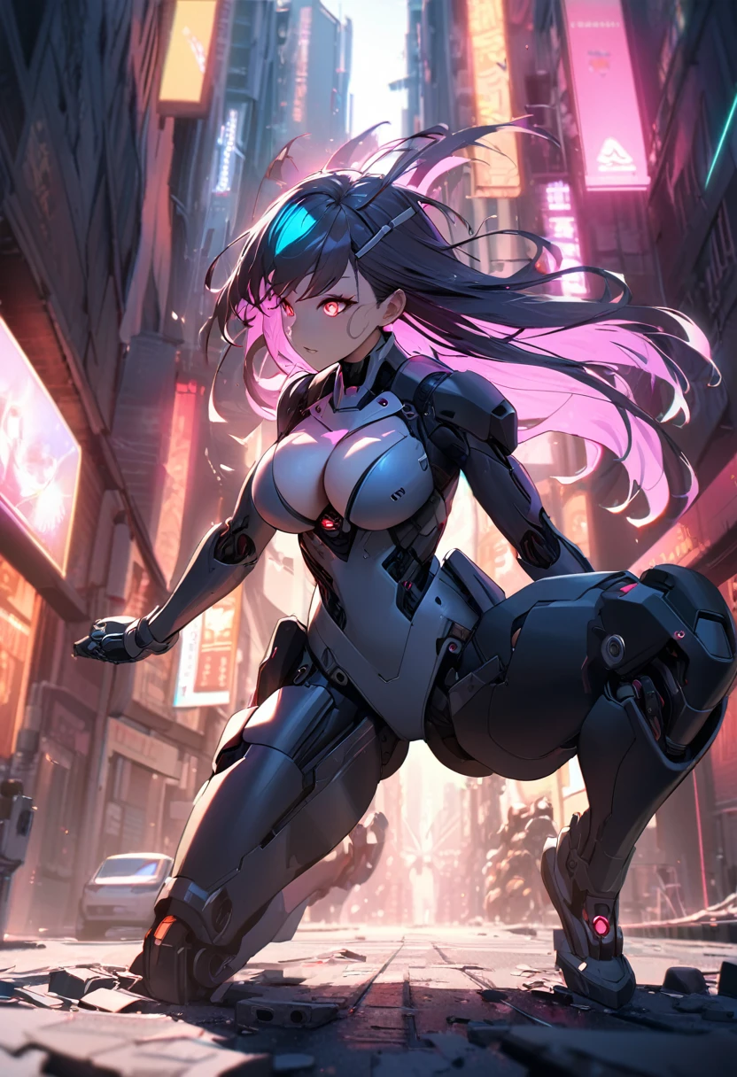 ((best qualityer)), ((work of art)), , 1 girl, Mecha Body, Cyberpunk, Mechanical Body, Metal Body, Cleavage Viexy, Glowing Eyes,tallic, Detailed Neon, Small LEDs, Cables, Cylinders, (Masterpiece: 1.3), (8k, RAW Photos, Best Quality: 1.4), ( 1 Japan cyborg girls), beautiful face, long hair, hair fluttering in the wind, strong wind, Red Eyes, mismatched pupils, crazy eyes, dvMech, f1.8, Female Robot Portrait, A Detailed Masterpiece, Dark_Fantasy, Cyberpunk, 1girl, (Cybernetic guardian, in a battered mech suit, intricaeel metal [rusty]), elegant, clear focus, by shot by greg rutkowski, vibrant colors, ((street)), dynamic pose, Photorealistic, 85mm, Cinematic Lighting, soft lighting, cowboy shot, masterpiece