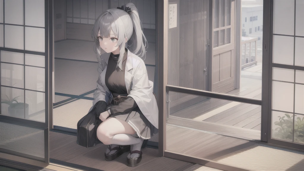 1 girl, Japanese clothes, ponytail ,gray hair, gray eyes, wallpaper, landscape, depth of field, open jacket, skirt, knee socks