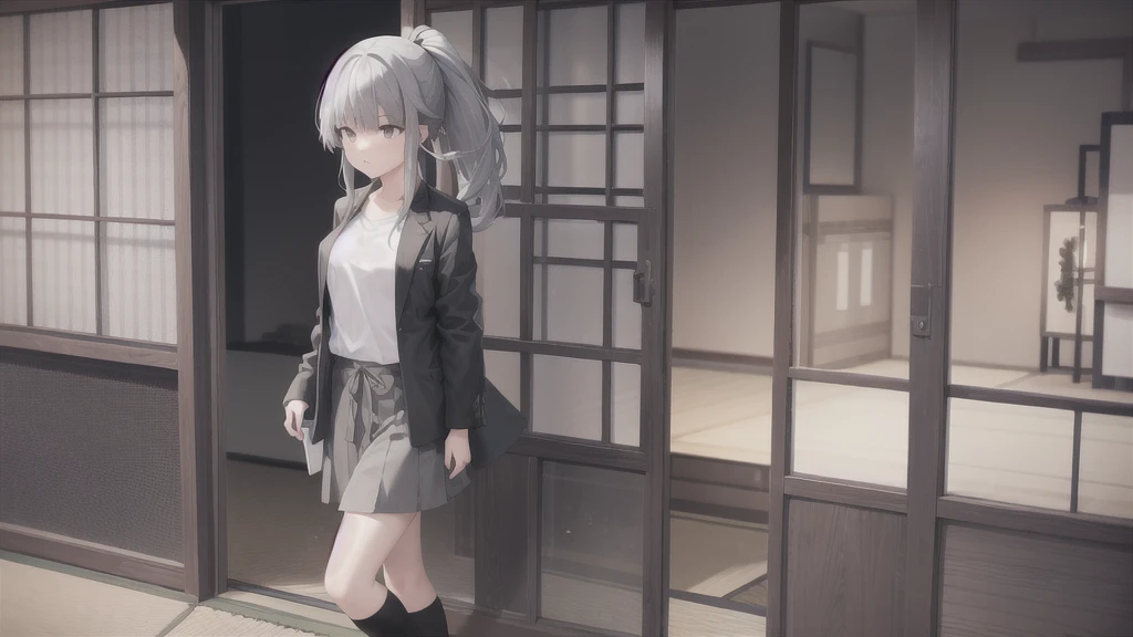 1 girl, Japanese clothes, ponytail ,gray hair, gray eyes, wallpaper, landscape, depth of field, open jacket, skirt, knee socks