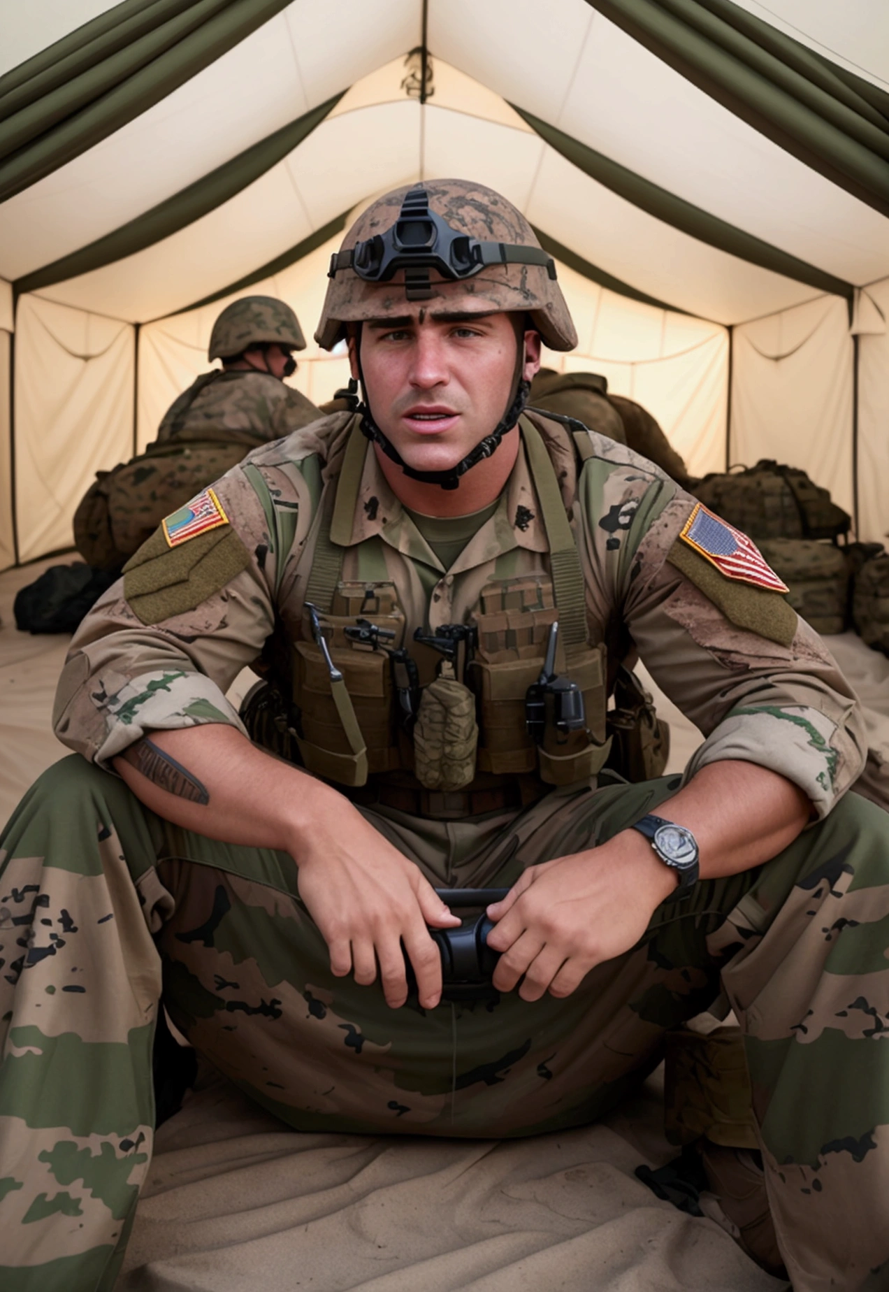group of US marines, male, marine outfit, camo, helmet, sneaky, green and brown, american army, desert storm, military, masculine, desert tent, camo tent, nude, sweaty pecs, large pecs, hairy body, erotic, pose, cinematic, bokeh, dof, depth of field, drunk evening, night, laughing, fun, barracks, alcohol, dark, night, dim lighting, inside tent, inside barracks, shouting, loud, party,
